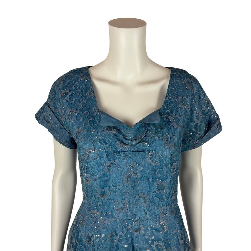 Vintage 50s Lace Dress Women's Small Blue Silver Cinderella Party Fit & Flare - Picture 4 of 11